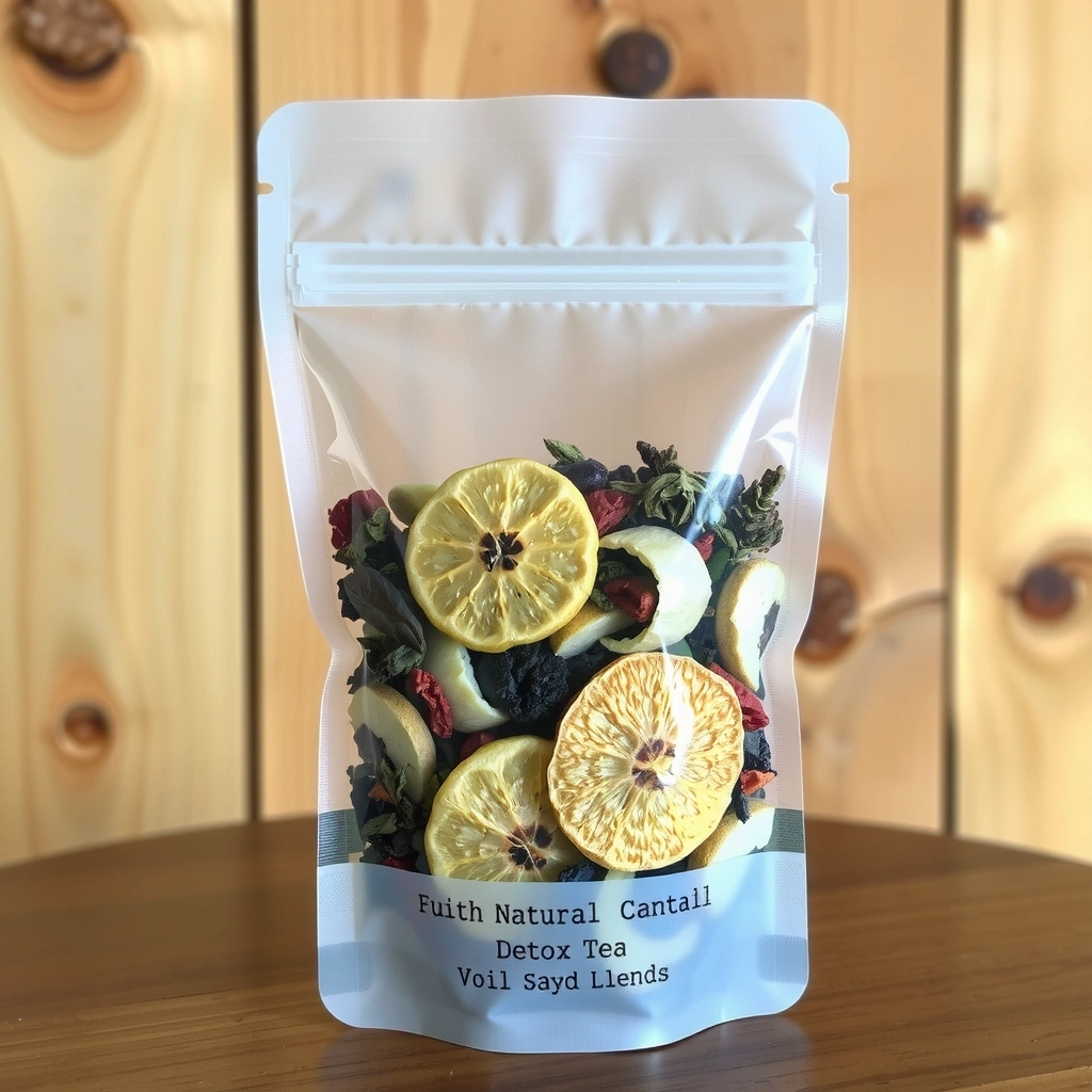 Detox tea blend in a transparent pouch